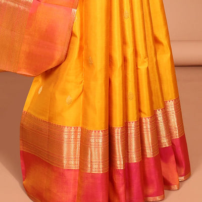 Yellow zari buttas silk saree, contrast ganga jamuna border of muthu, poun & kuyil kann &  pallu of intricate designs