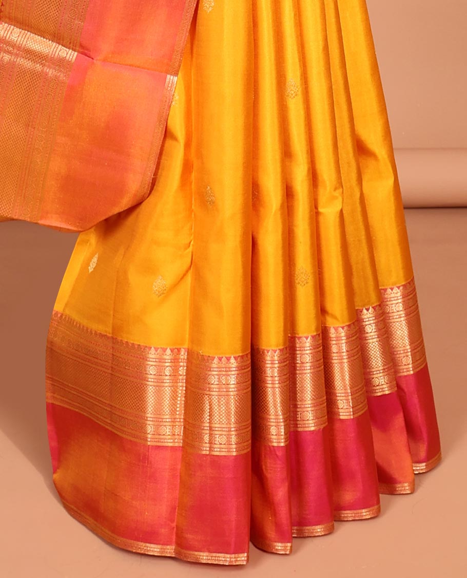 Yellow zari buttas silk saree, contrast ganga jamuna border of muthu, poun & kuyil kann &  pallu of intricate designs