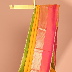 Yellow zari buttas silk saree, contrast ganga jamuna border of muthu, poun & kuyil kann &  pallu of intricate designs
