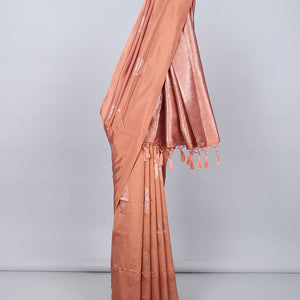 Borderless orange butter silk saree with zari buttas, contrast pallu of intricate designs in zari