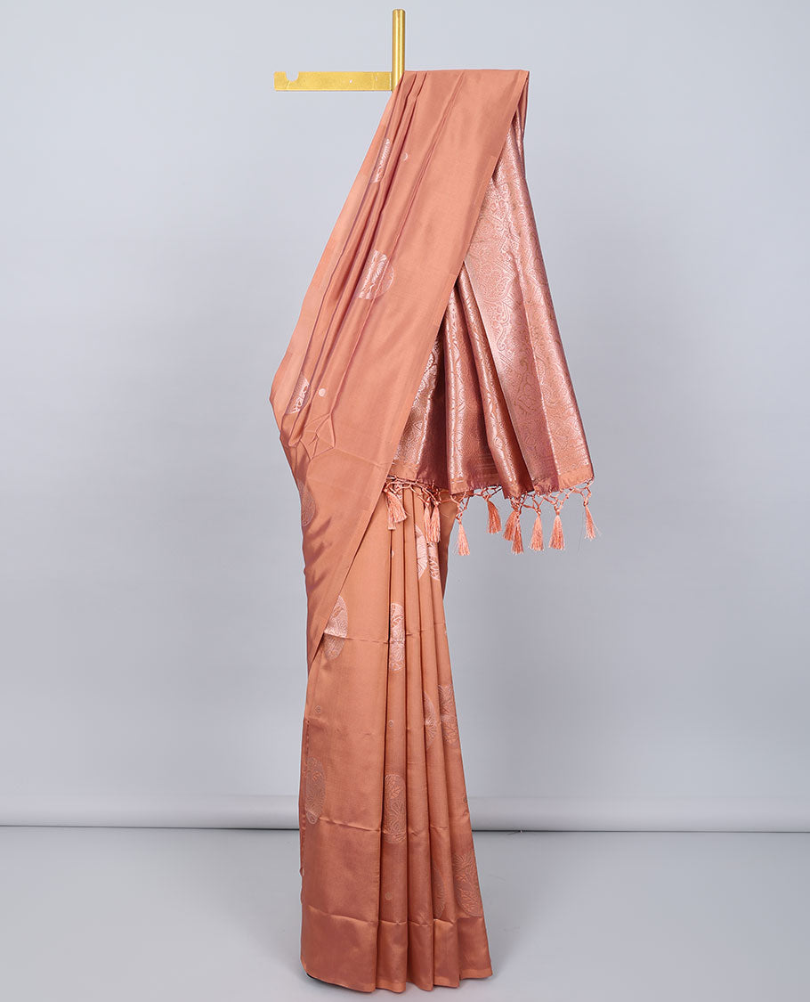 Borderless orange butter silk saree with zari buttas, contrast pallu of intricate designs in zari