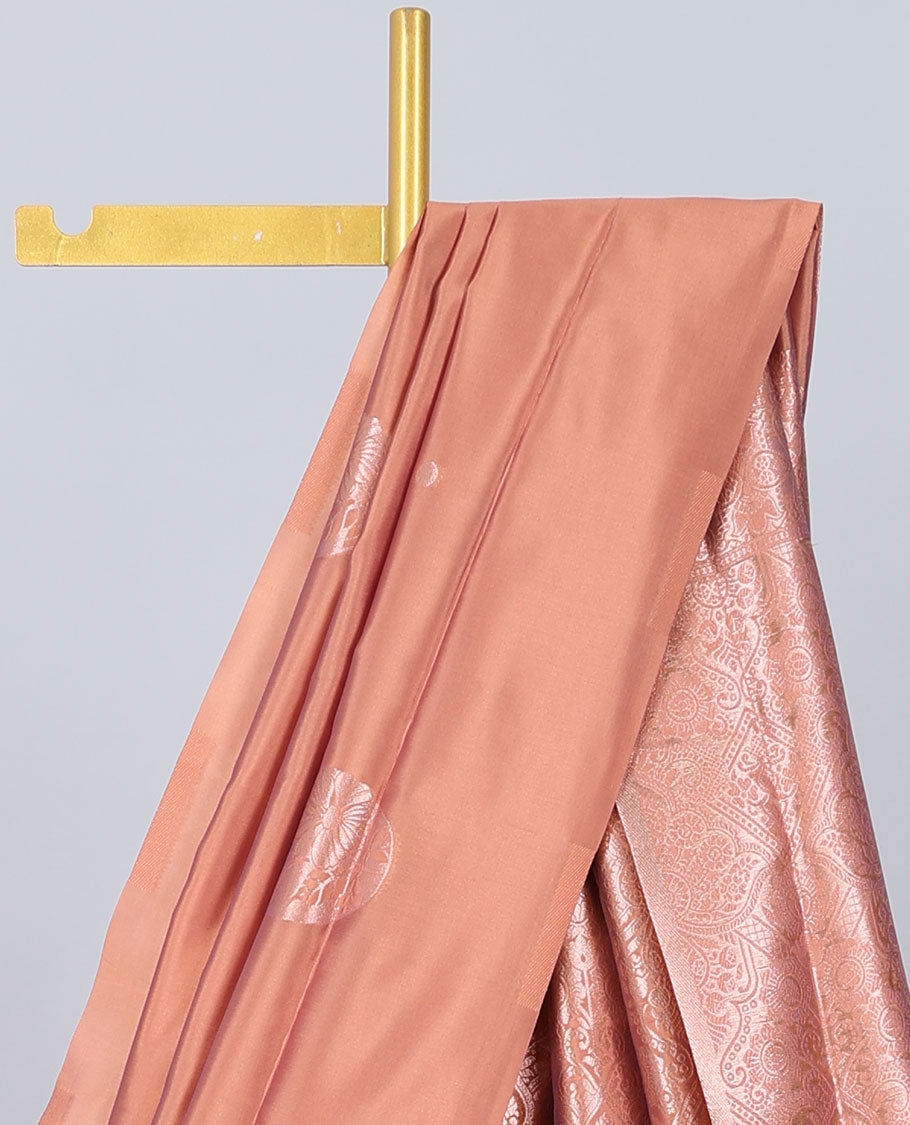 Borderless orange butter silk saree with zari buttas, contrast pallu of intricate designs in zari