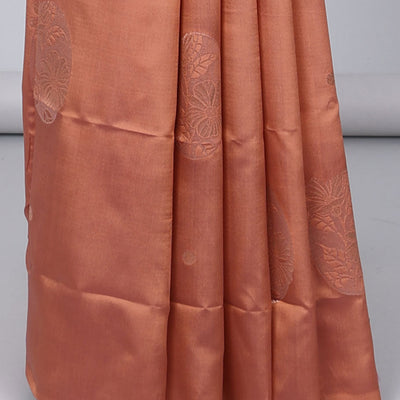Borderless orange butter silk saree with zari buttas, contrast pallu of intricate designs in zari