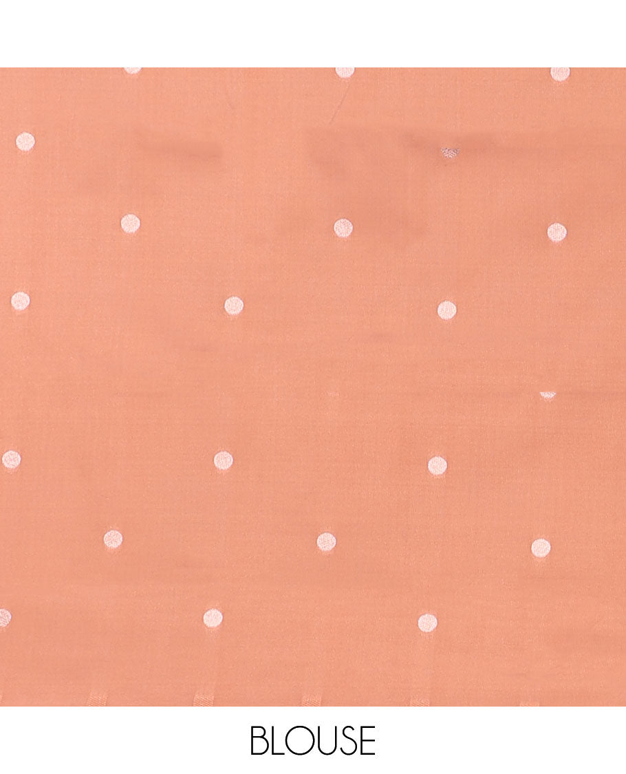 Borderless orange butter silk saree with zari buttas, contrast pallu of intricate designs in zari