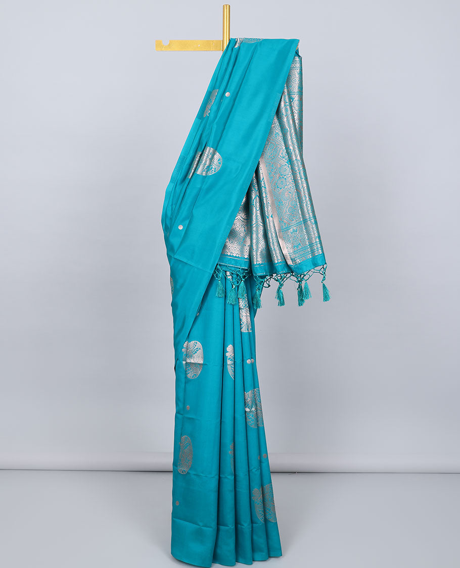 Borderless orange butter silk saree with zari buttas, contrast pallu of intricate designs in zari
