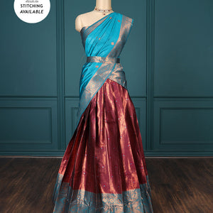 Maroon buttas art-silk half-saree, contrast traditional design border, jacquard blouse & intricate dhavani