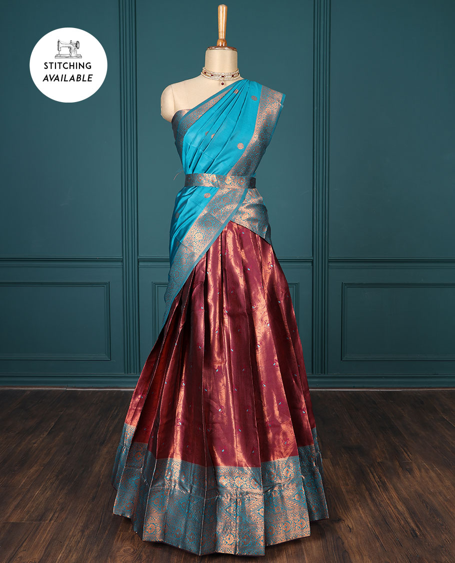 Maroon buttas art-silk half-saree, contrast traditional design border, jacquard blouse & intricate dhavani