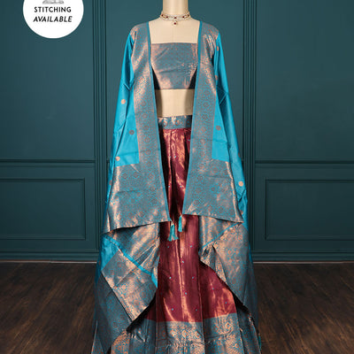 Maroon buttas art-silk half-saree, contrast traditional design border, jacquard blouse & intricate dhavani