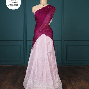 Pink embroidered half-saree, embroidered patch border, embroidered blouse & contrast scallop embroidered dhavani