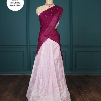 Pink embroidered half-saree, embroidered patch border, embroidered blouse & contrast scallop embroidered dhavani