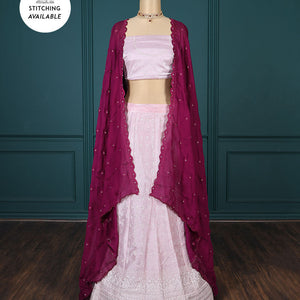 Pink embroidered half-saree, embroidered patch border, embroidered blouse & contrast scallop embroidered dhavani