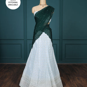 Pink embroidered half-saree, embroidered patch border, embroidered blouse & contrast scallop embroidered dhavani