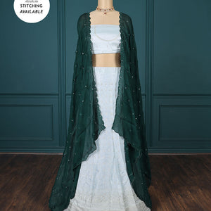 Pink embroidered half-saree, embroidered patch border, embroidered blouse & contrast scallop embroidered dhavani