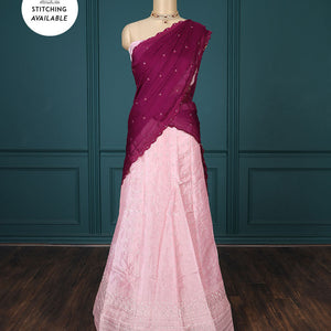 Pink embroidered half-saree, embroidered patch border, embroidered blouse & contrast scallop embroidered dhavani