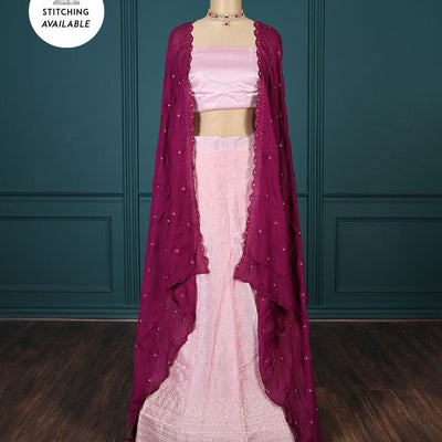 Pink embroidered half-saree, embroidered patch border, embroidered blouse & contrast scallop embroidered dhavani