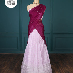Pink embroidered half-saree, embroidered patch border, embroidered blouse & contrast scallop embroidered dhavani