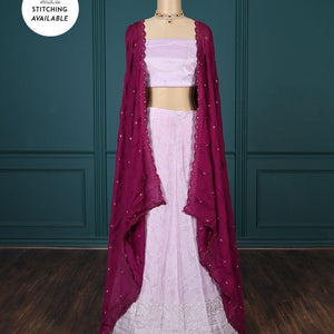 Pink embroidered half-saree, embroidered patch border, embroidered blouse & contrast scallop embroidered dhavani