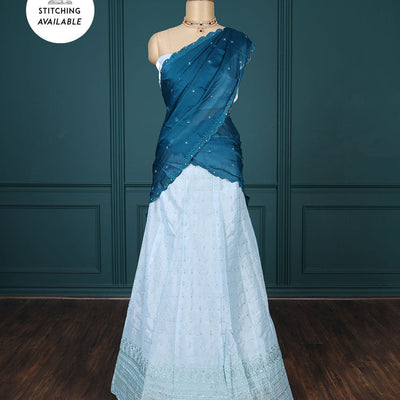 Pink embroidered half-saree, embroidered patch border, embroidered blouse & contrast scallop embroidered dhavani