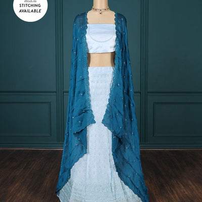 Pink embroidered half-saree, embroidered patch border, embroidered blouse & contrast scallop embroidered dhavani