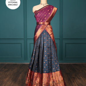 Black floral vine half-saree, contrast traditional design & stone work border, jacquard blouse & intricate dhavani