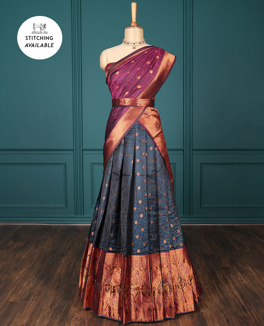 Black floral vine half-saree, contrast traditional design & stone work border, jacquard blouse & intricate dhavani