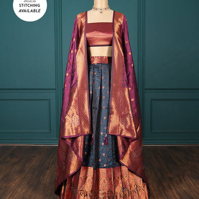 Black floral vine half-saree, contrast traditional design & stone work border, jacquard blouse & intricate dhavani