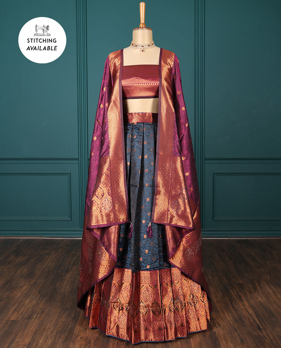 Black floral vine half-saree, contrast traditional design & stone work border, jacquard blouse & intricate dhavani