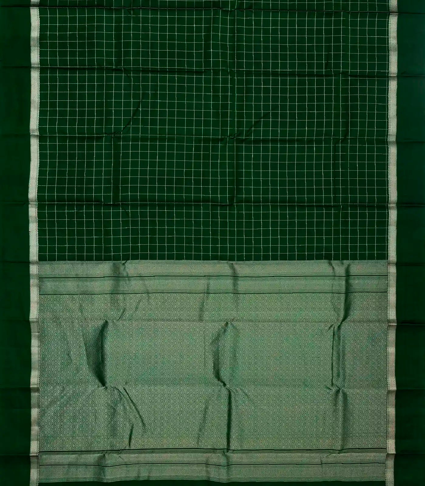 Dark Green Silk Saree With Zari Checks & Border