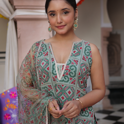 Mint Breeze Printed Georgette Sharara Set