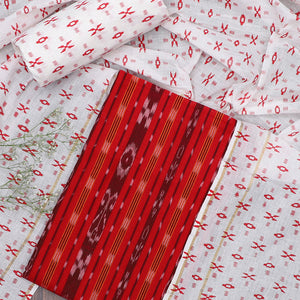 Red ikkat cotton material chudidhar set, ikkat printed top, contrast ikkat motif printed bottom & dupatta
