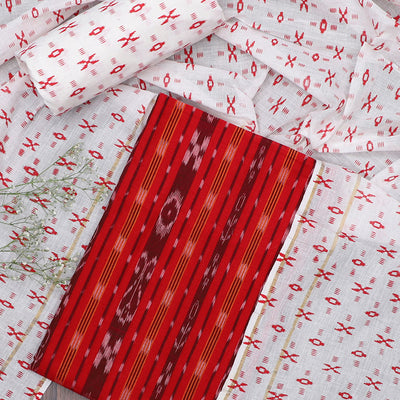 Red ikkat cotton material chudidhar set, ikkat printed top, contrast ikkat motif printed bottom & dupatta