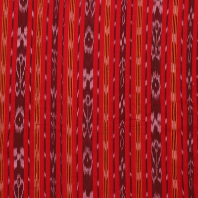Red ikkat cotton material chudidhar set, ikkat printed top, contrast ikkat motif printed bottom & dupatta
