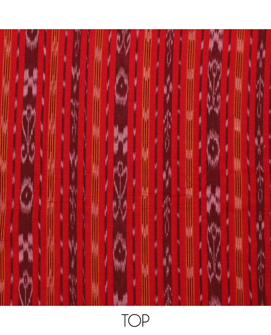 Red ikkat cotton material chudidhar set, ikkat printed top, contrast ikkat motif printed bottom & dupatta