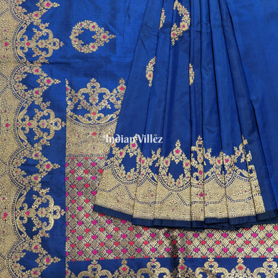 Midnight Blue Pure Banarasi Katan Silk Saree With Meena Work