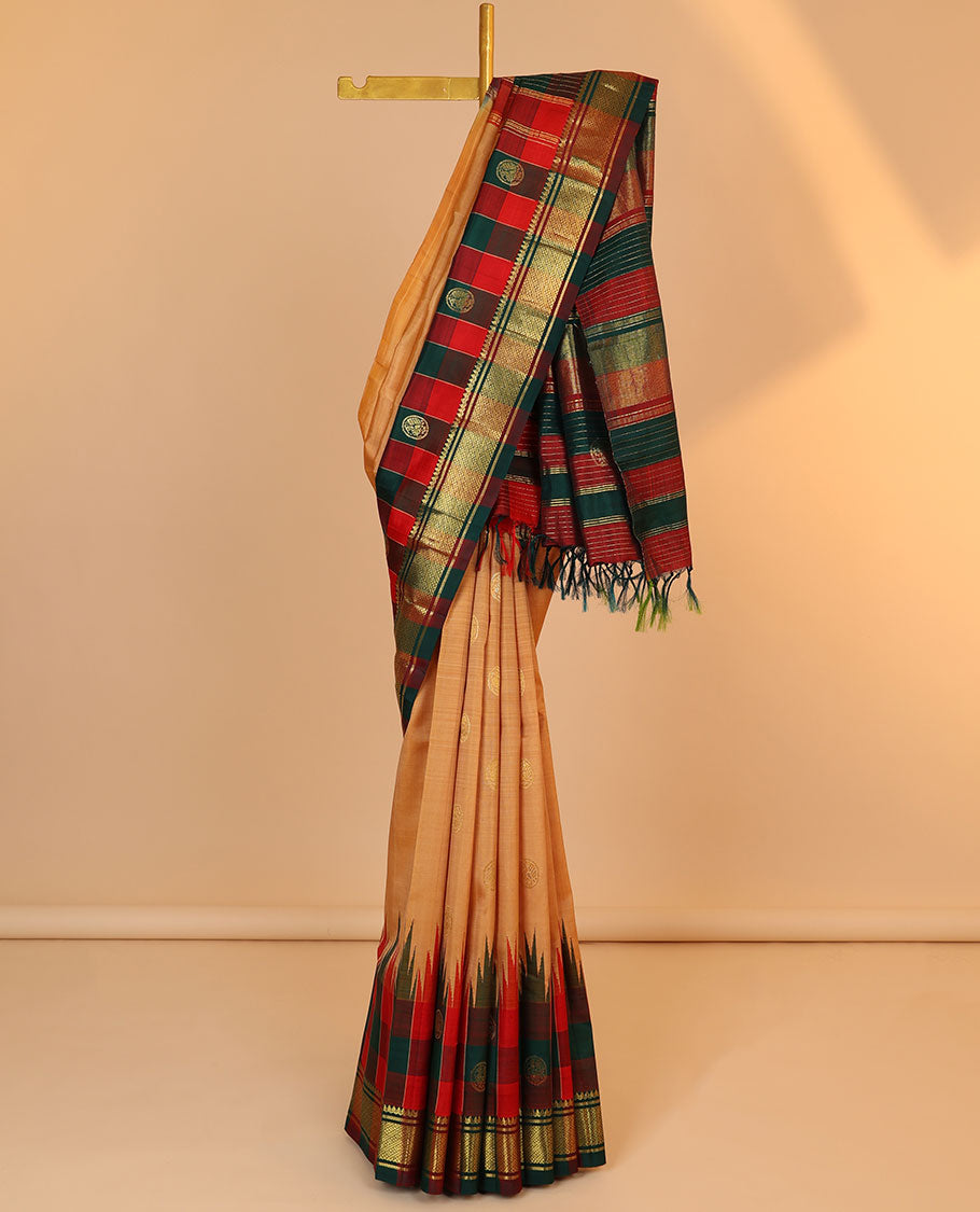 Orange buttas kancheepuram silksaree, contrast intricate zari pallu & checked temple border of thilakam mokku & banaras