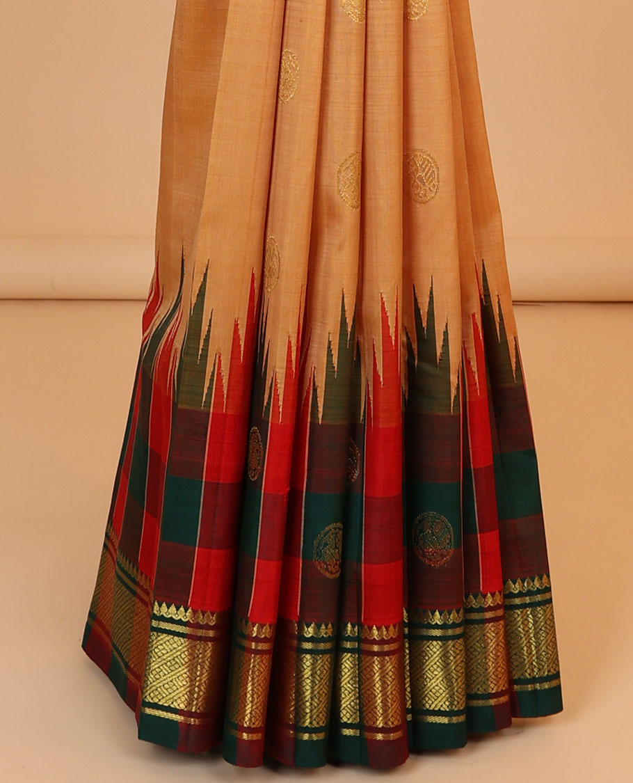Orange buttas kancheepuram silksaree, contrast intricate zari pallu & checked temple border of thilakam mokku & banaras