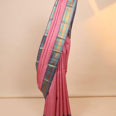 Pink Kanchipuram silksaree,contrast intricate pallu & korvai border of vanki manga,muthu,kathir,mayil,lavangam,kuyil kan