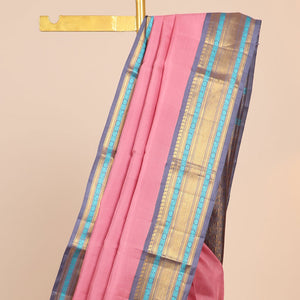 Pink Kanchipuram silksaree,contrast intricate pallu & korvai border of vanki manga,muthu,kathir,mayil,lavangam,kuyil kan