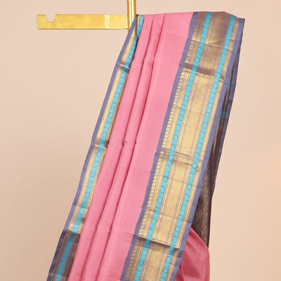 Pink Kanchipuram silksaree,contrast intricate pallu & korvai border of vanki manga,muthu,kathir,mayil,lavangam,kuyil kan