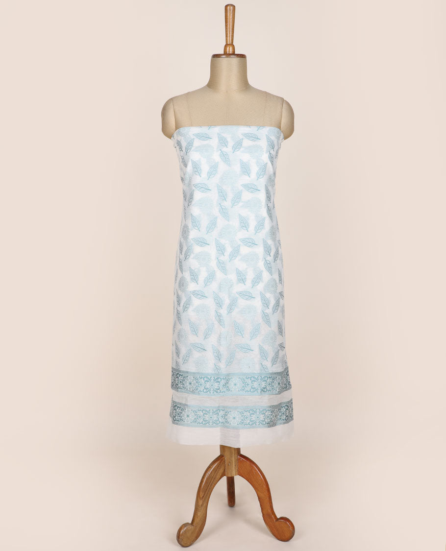 Cream chudidhar material set, floral & leaf motifs printed top, plain bottom & intricately designed dupatta
