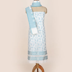 Cream chudidhar material set, floral & leaf motifs printed top, plain bottom & intricately designed dupatta