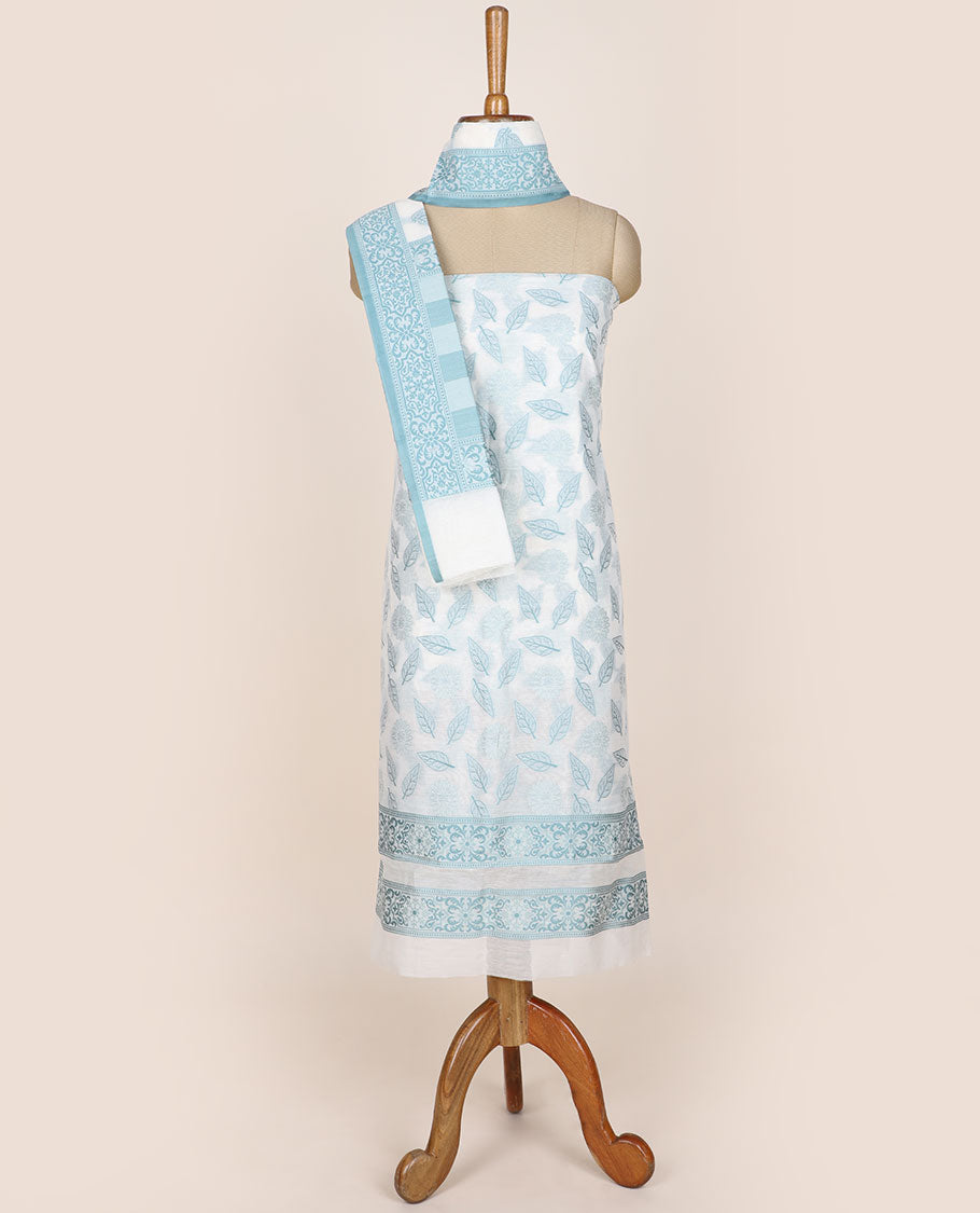 Cream chudidhar material set, floral & leaf motifs printed top, plain bottom & intricately designed dupatta