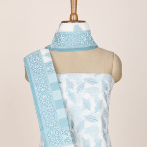 Cream chudidhar material set, floral & leaf motifs printed top, plain bottom & intricately designed dupatta