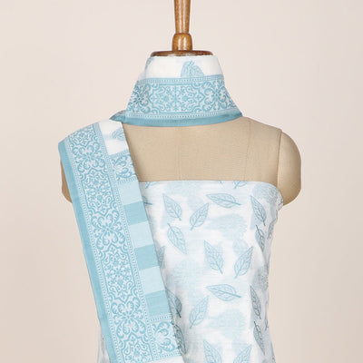 Cream chudidhar material set, floral & leaf motifs printed top, plain bottom & intricately designed dupatta