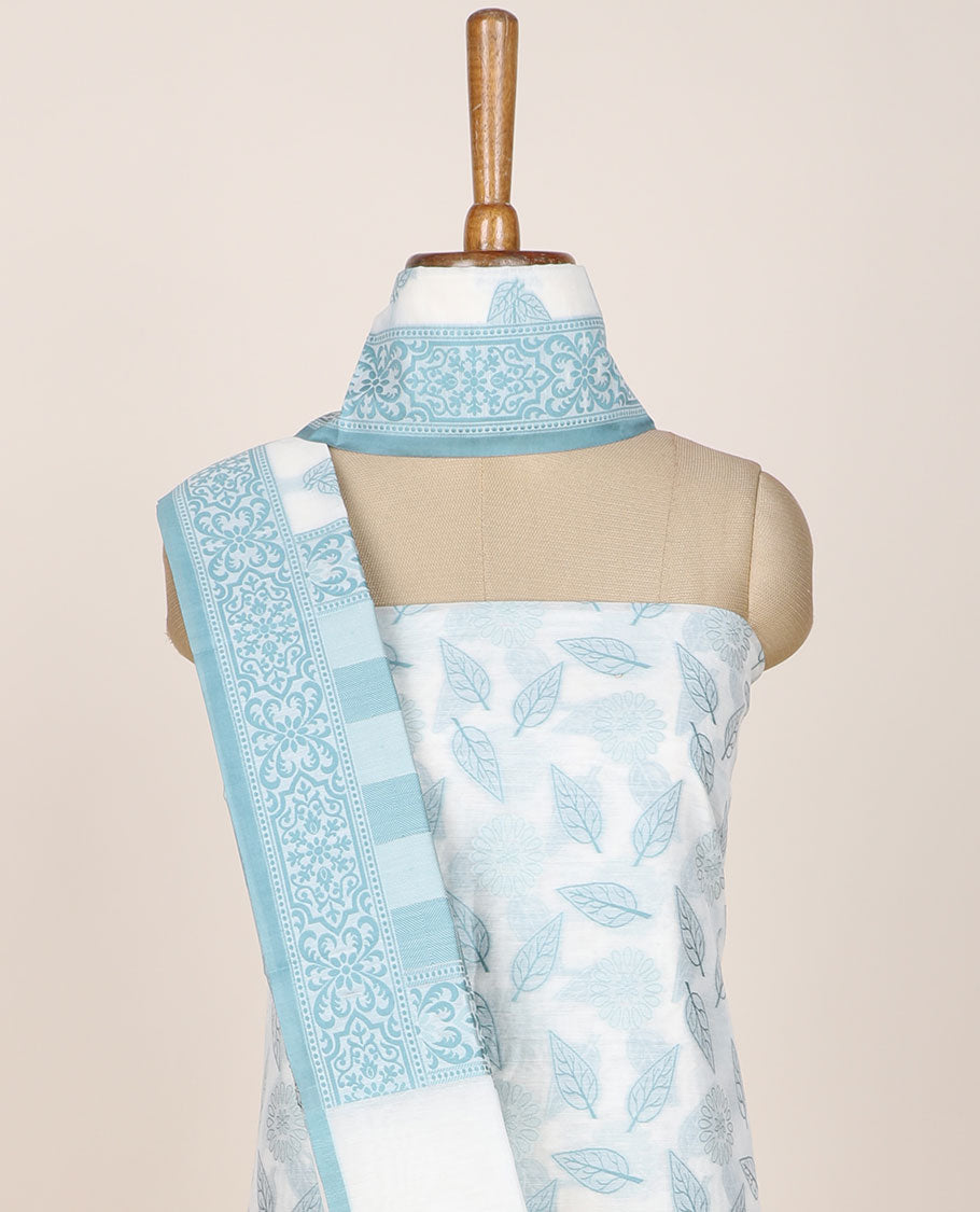 Cream chudidhar material set, floral & leaf motifs printed top, plain bottom & intricately designed dupatta