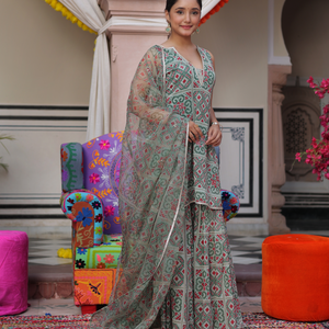 Mint Breeze Printed Georgette Sharara Set