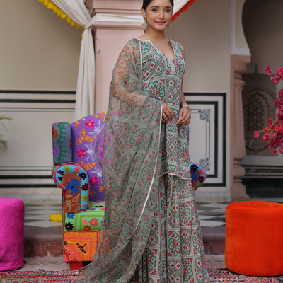 Mint Breeze Printed Georgette Sharara Set