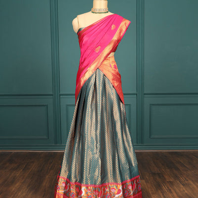 Blue jacquard art silk half saree,contrast blouse & border of bird design & stone work & intricate dhavani