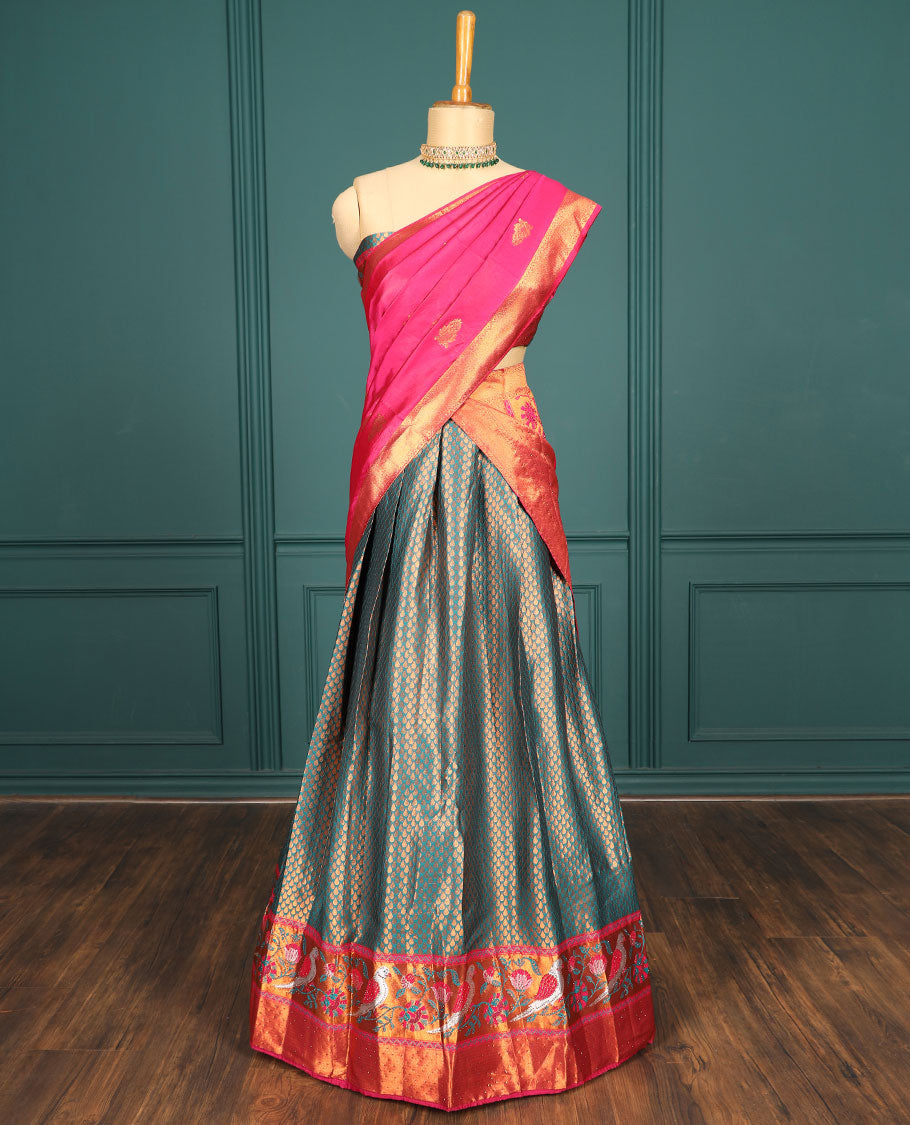 Blue jacquard art silk half saree,contrast blouse & border of bird design & stone work & intricate dhavani