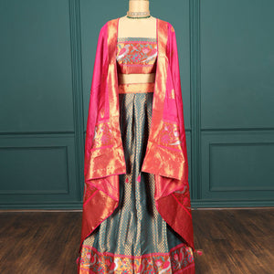 Blue jacquard art silk half saree,contrast blouse & border of bird design & stone work & intricate dhavani